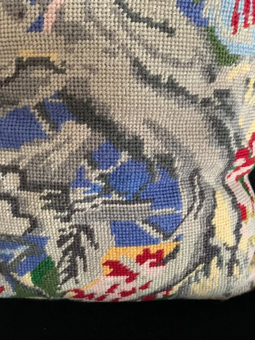 Vintage Handmade Wool Needlepoint Throw Pillow Jacobean Birds Flowers Satin Back